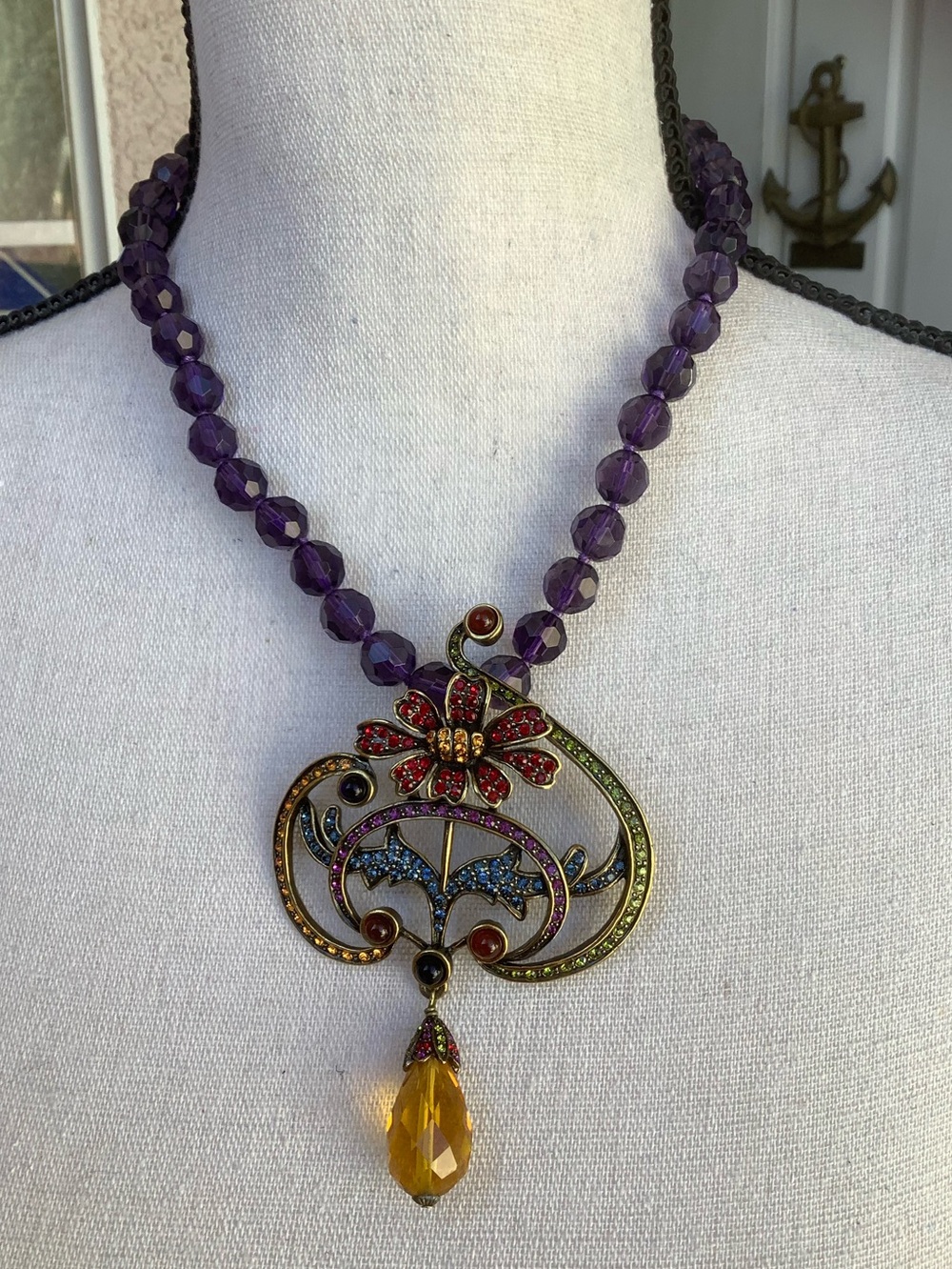 Heidi Daus Purple Bead Necklace with Multicolor Floral Pendant